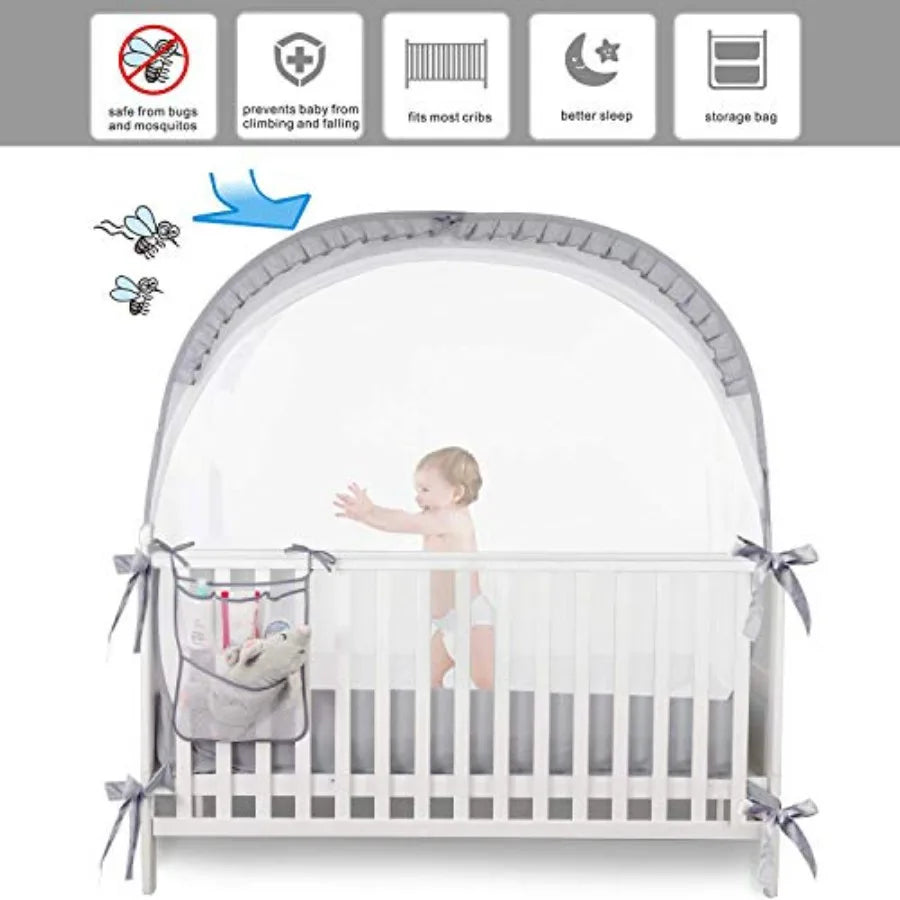 Baby Safety Crib Tent Infant Pop up Mosquito Net Nursery Bed Canopy Netting Cover - Keep Baby from Climbing Out with Hanging Di