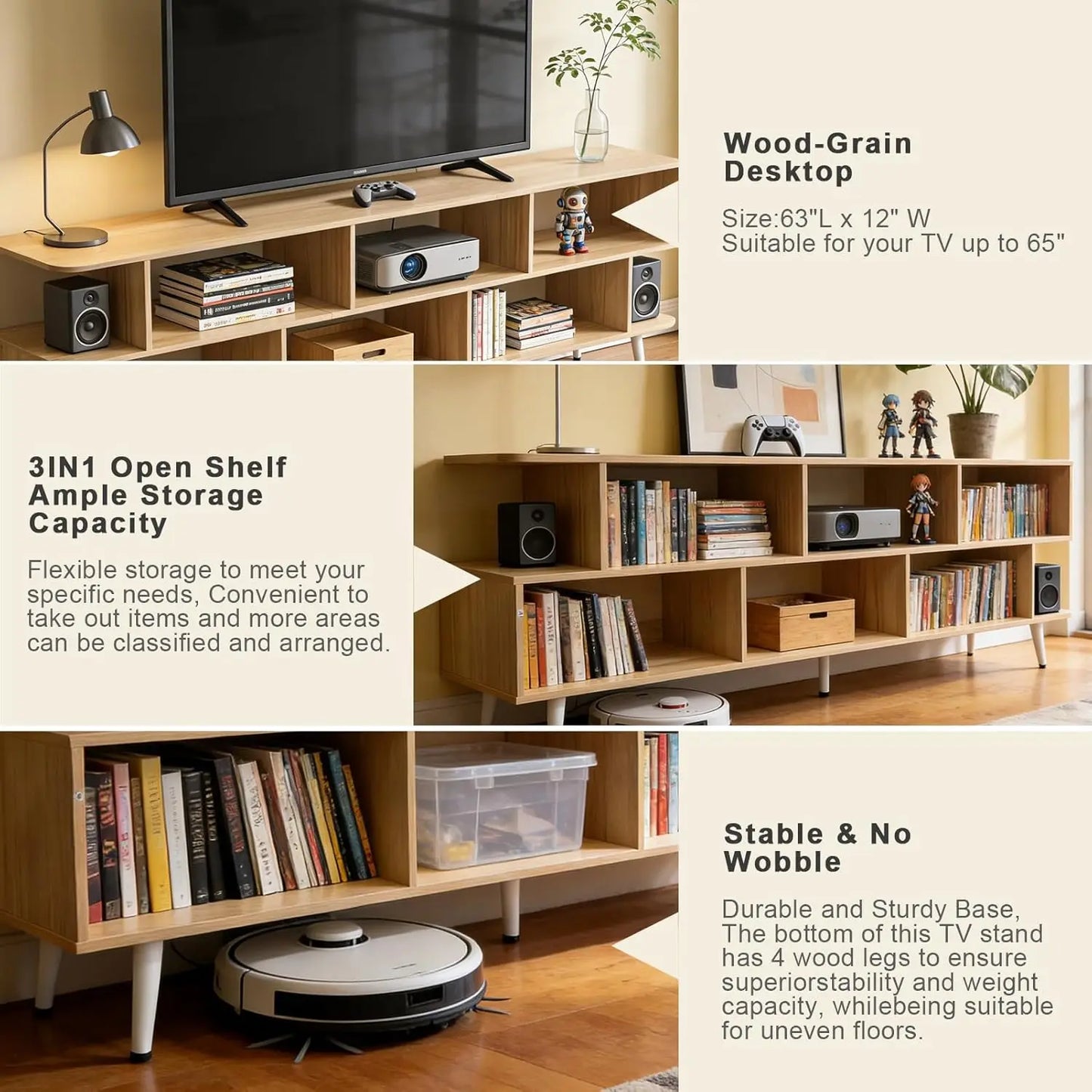 65 Inch TV Stand with 8 Open Shelves, Sturdy Media Console for Living Room, Easy Assembly, Walnut Finish