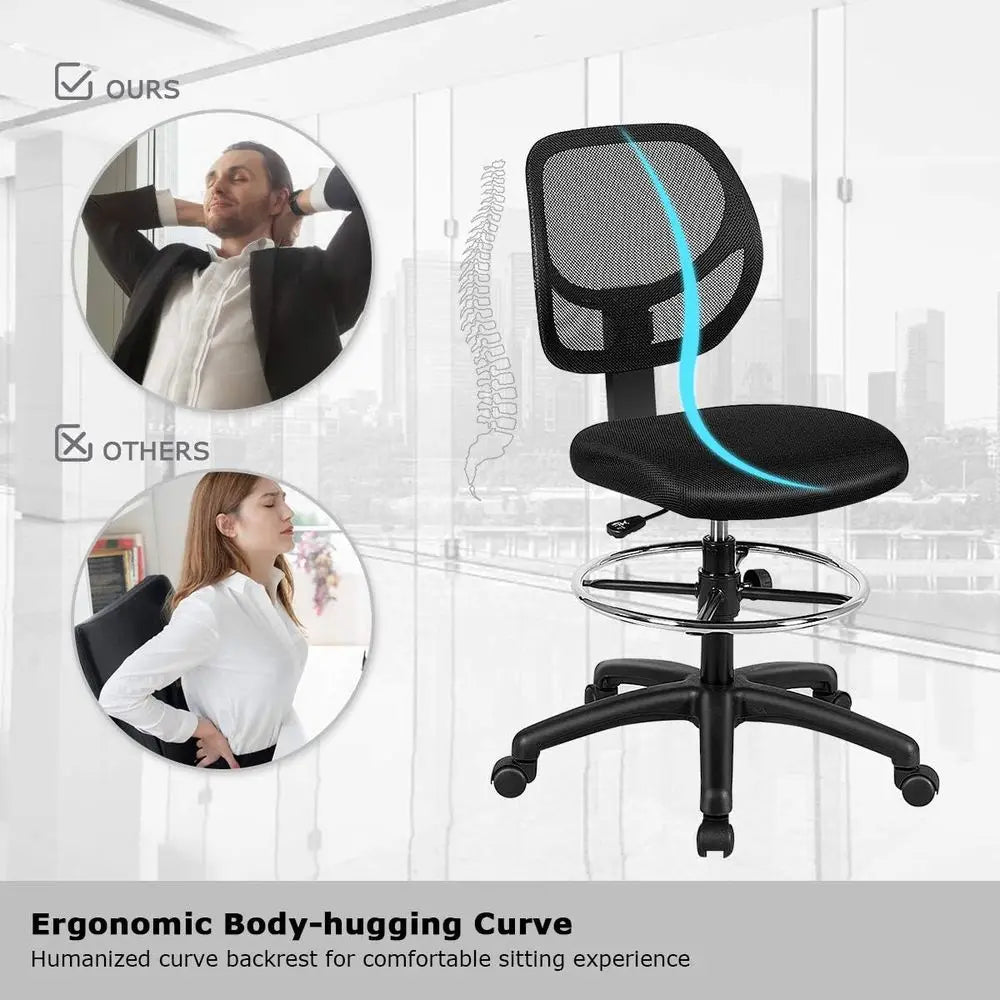 Ergonomic Black Mesh Swivel Office Chair with Adjustable Footrest for Computer, Home Bar, or Kitchen
