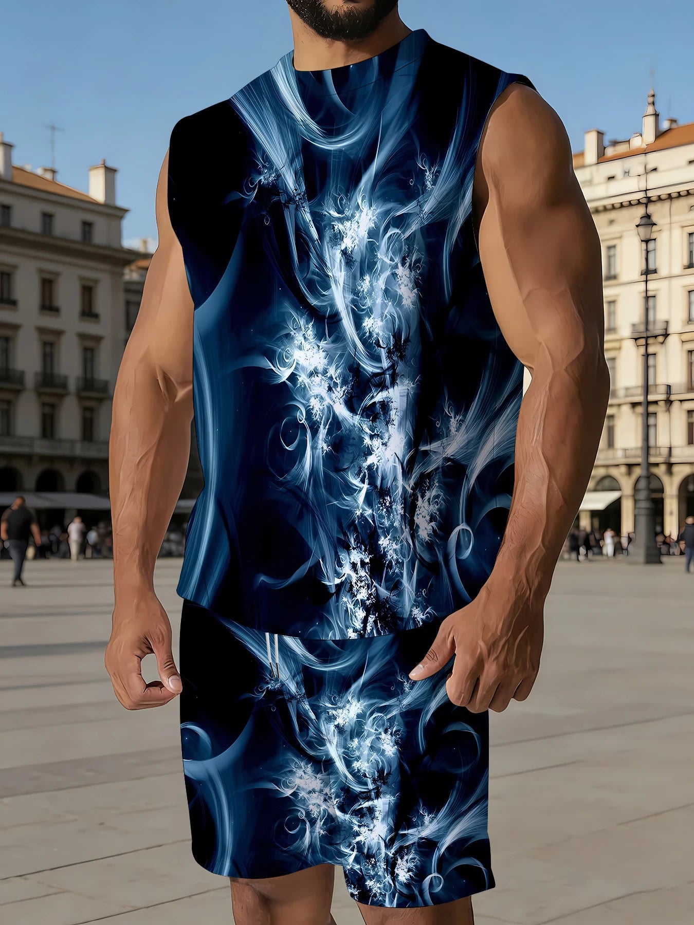 Men's Summer Sleepwear Set Sleeveless Top and Shorts Breathable Polyester Pajamas EU Size M-XXXL