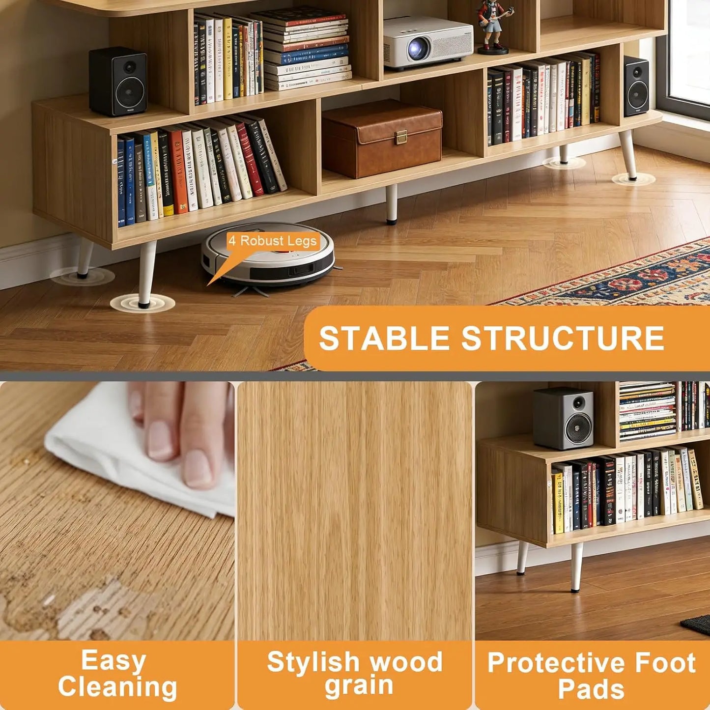 65 Inch TV Stand with 8 Open Shelves, Sturdy Media Console for Living Room, Easy Assembly, Walnut Finish