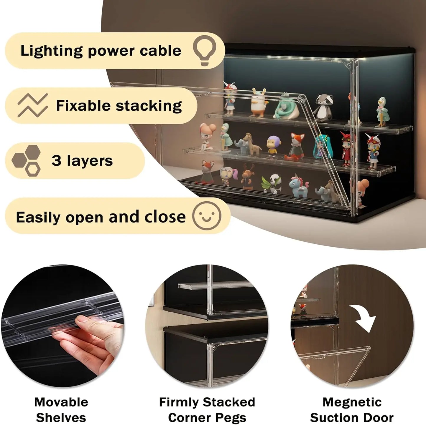 3-Tier Stackable LED Display Case for Collectibles, Acrylic Showcase with Magnetic Door, USB-C Lighted, Black 8.8"H