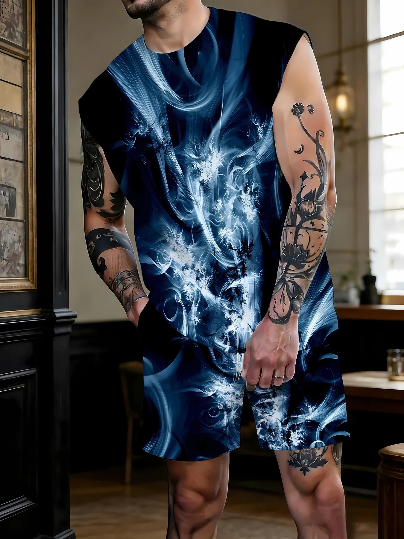 Men's Summer Sleepwear Set Sleeveless Top and Shorts Breathable Polyester Pajamas EU Size M-XXXL
