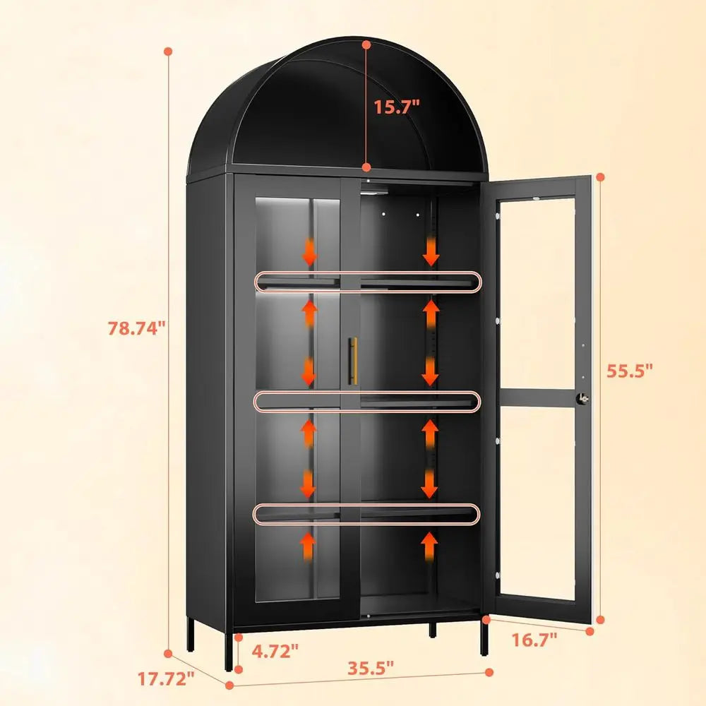 78.74 High Metal Arched Cabinet with Glass Door, LED-lit, Lockable, Adjustable Shelves, Black