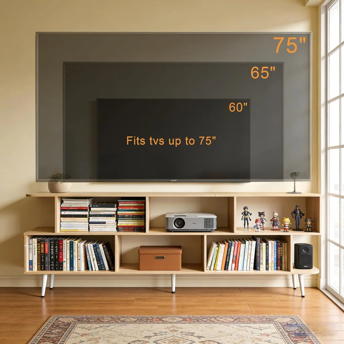 65 Inch TV Stand with 8 Open Shelves, Sturdy Media Console for Living Room, Easy Assembly, Walnut Finish