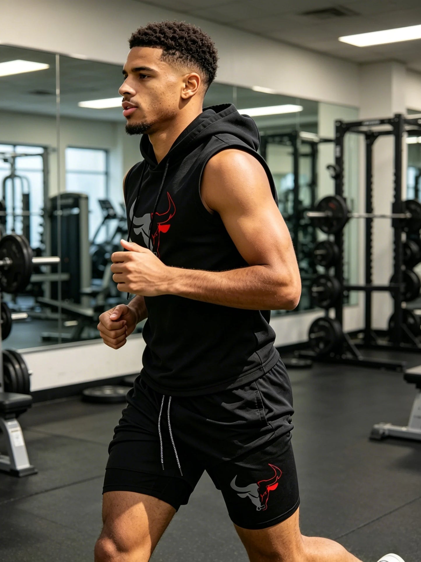 Men's 2 Piece Black Sleeveless Hooded Vest & Shorts Set, Bull Print Gym Tracksuit, Breathable Spring Summer Workout Fitness Wear