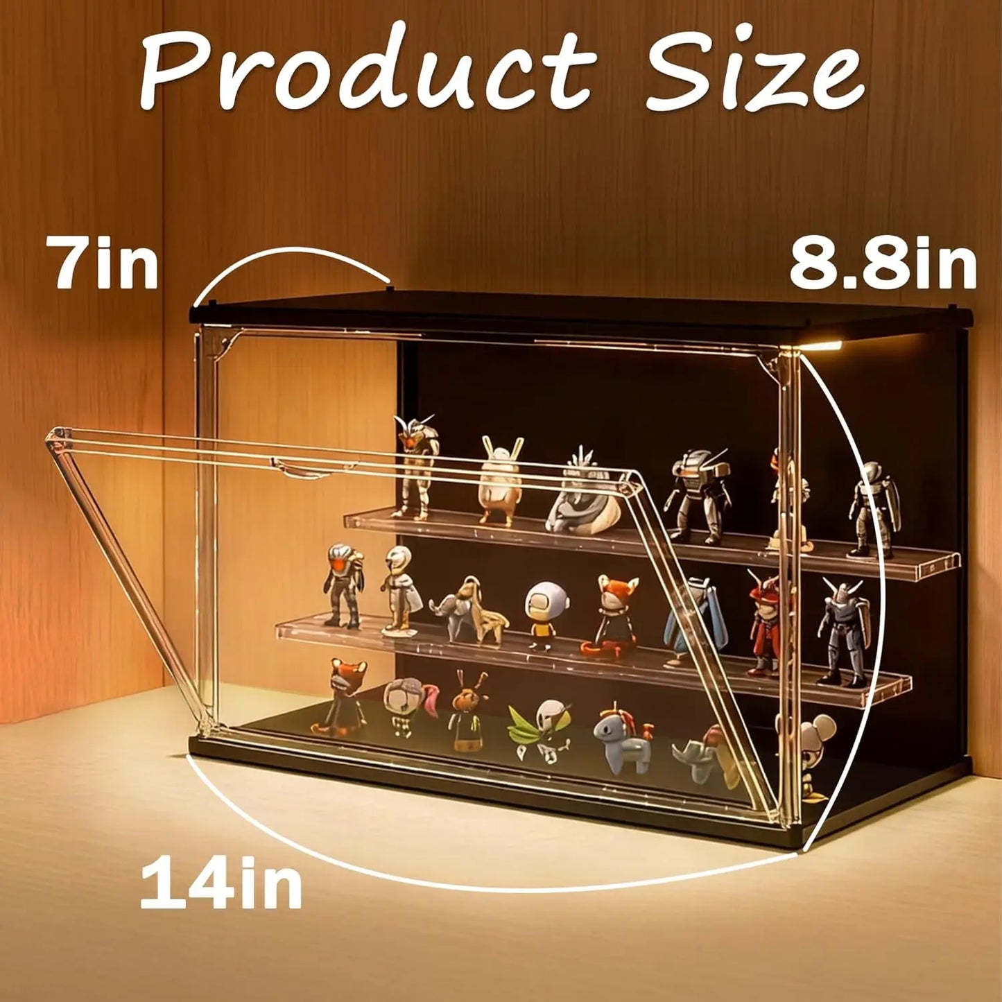 3-Tier Stackable LED Display Case for Collectibles, Acrylic Showcase with Magnetic Door, USB-C Lighted, Black 8.8"H