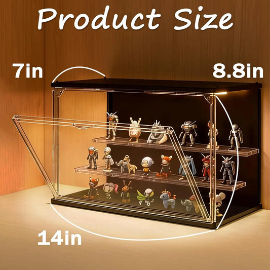 3-Tier Stackable LED Display Case for Collectibles, Acrylic Showcase with Magnetic Door, USB-C Lighted, Black 8.8"H