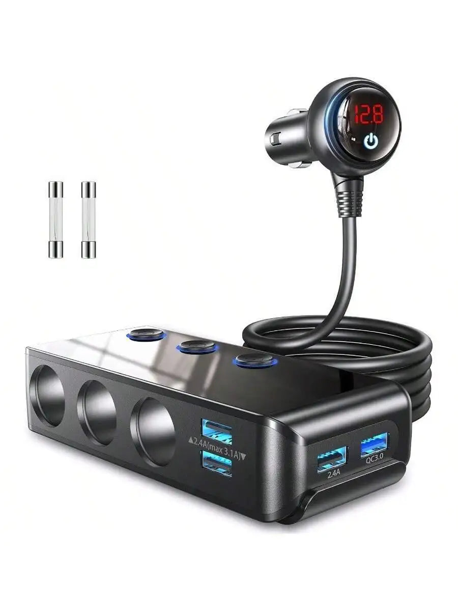 Car Power Adapter With LED Voltage Display 3 Cigarette Lighter Sockets 4 USB Ports Quick Charge