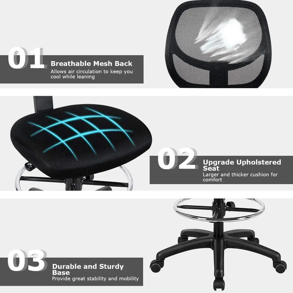 Ergonomic Black Mesh Swivel Office Chair with Adjustable Footrest for Computer, Home Bar, or Kitchen