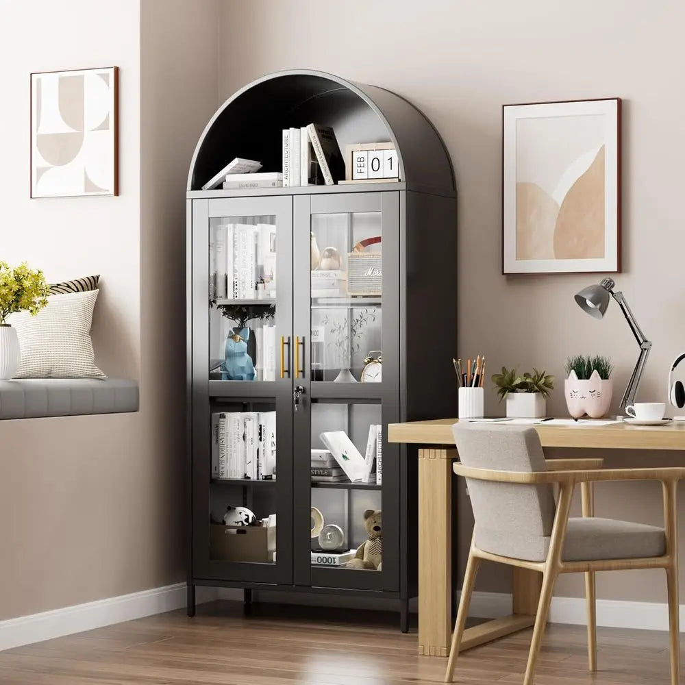 78.74 High Metal Arched Cabinet with Glass Door, LED-lit, Lockable, Adjustable Shelves, Black
