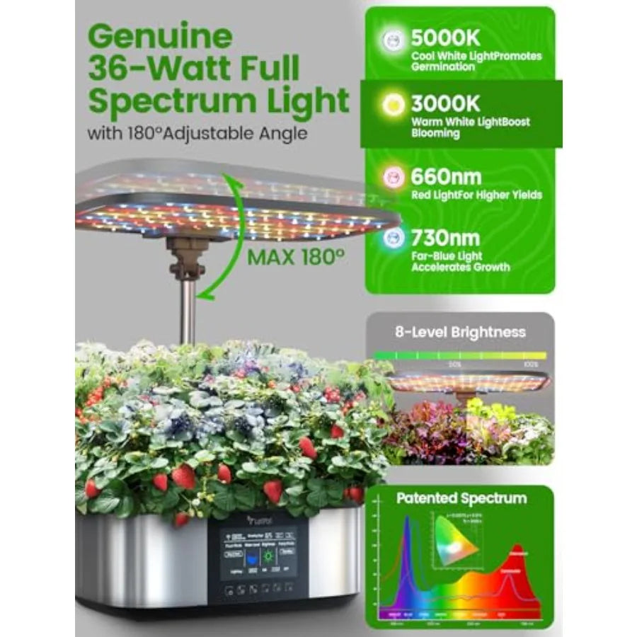 Indoor hydroponics growing system kit for home use, ABS plastic, black, 21-pod APP WiFi control with 36W LED grow light and aut