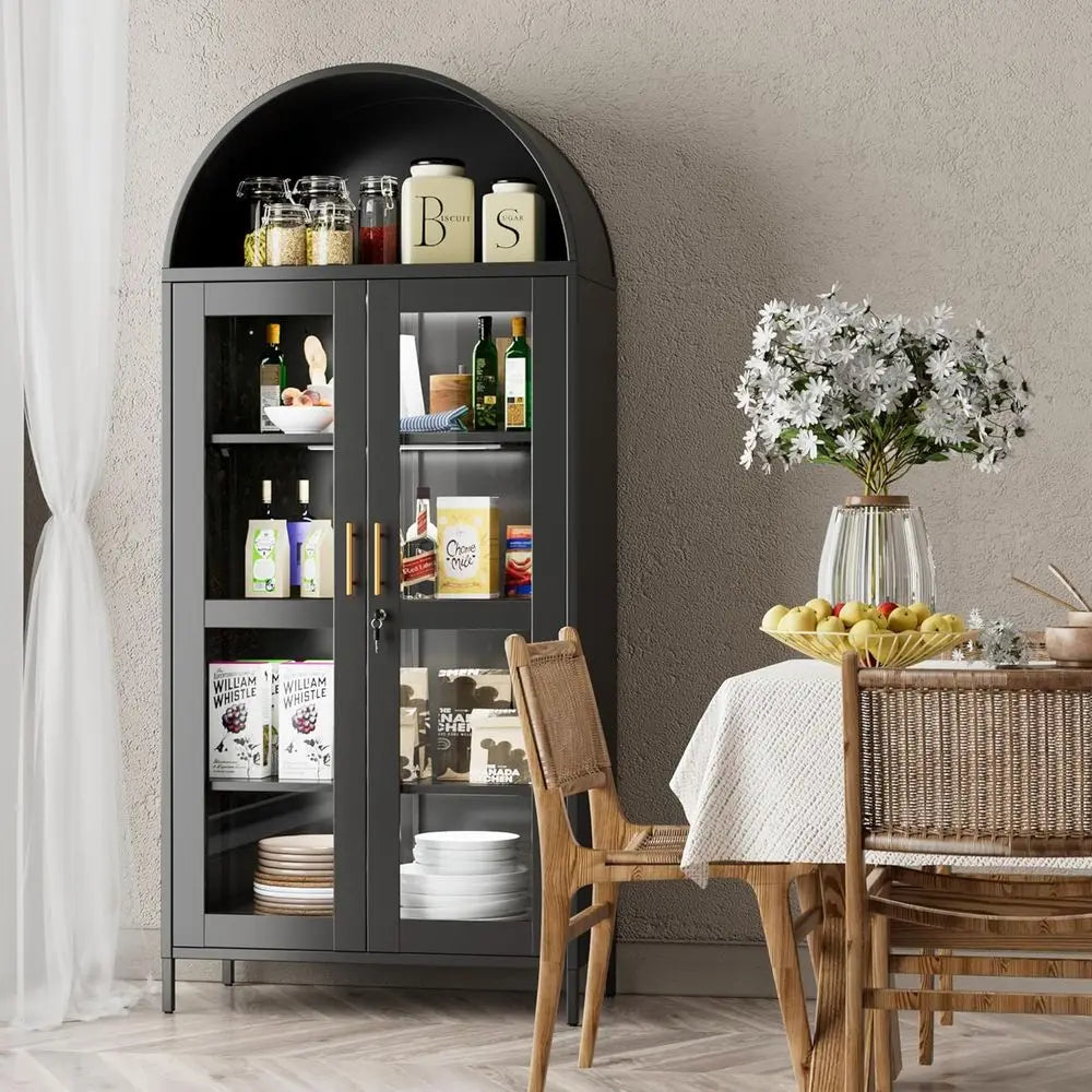 78.74 High Metal Arched Cabinet with Glass Door, LED-lit, Lockable, Adjustable Shelves, Black