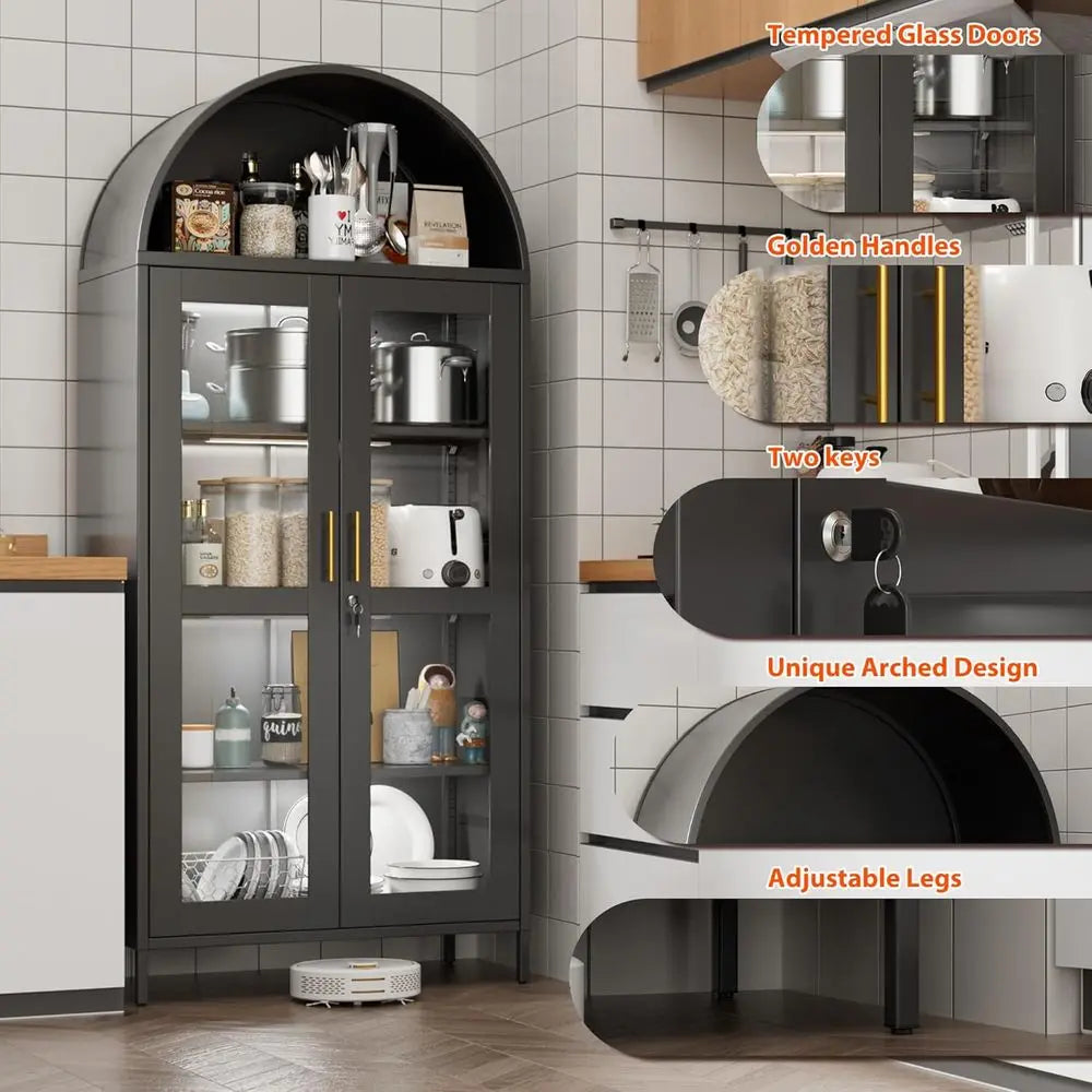 78.74 High Metal Arched Cabinet with Glass Door, LED-lit, Lockable, Adjustable Shelves, Black