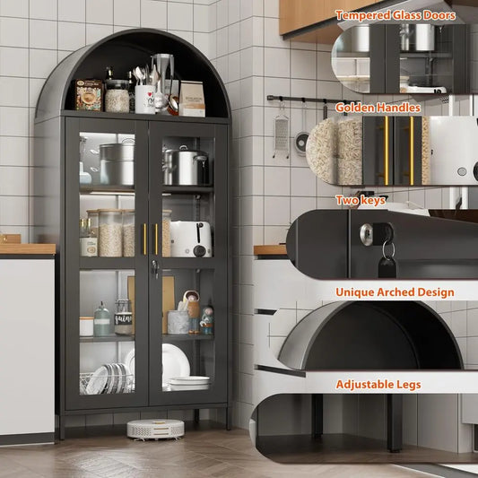 78.74 High Metal Arched Cabinet with Glass Door, LED-lit, Lockable, Adjustable Shelves, Black