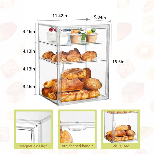 4-Layer Adjustable Clear Bread Box with Magnetic Door, 15.5x11.4x9.8in