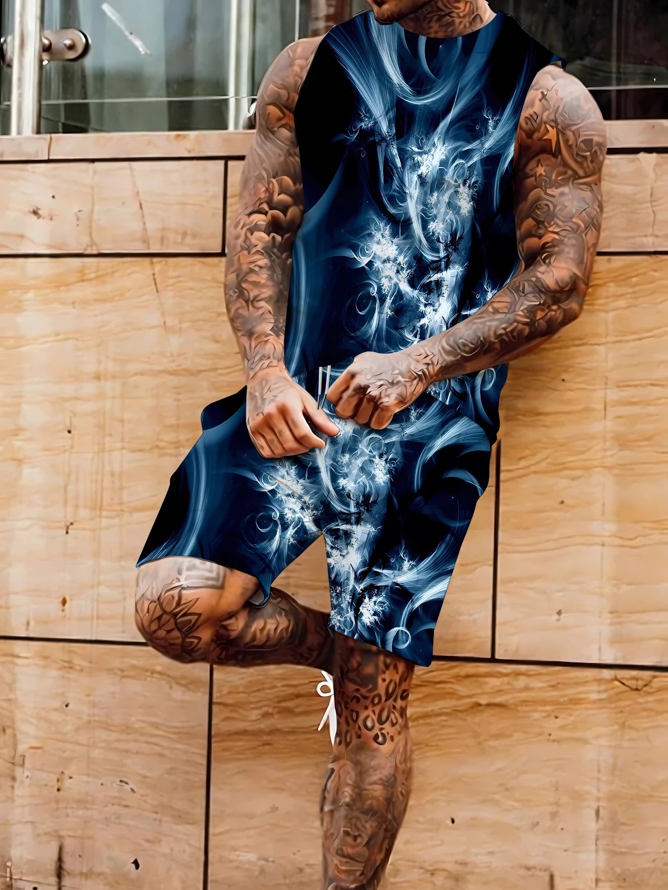 Men's Summer Sleepwear Set Sleeveless Top and Shorts Breathable Polyester Pajamas EU Size M-XXXL