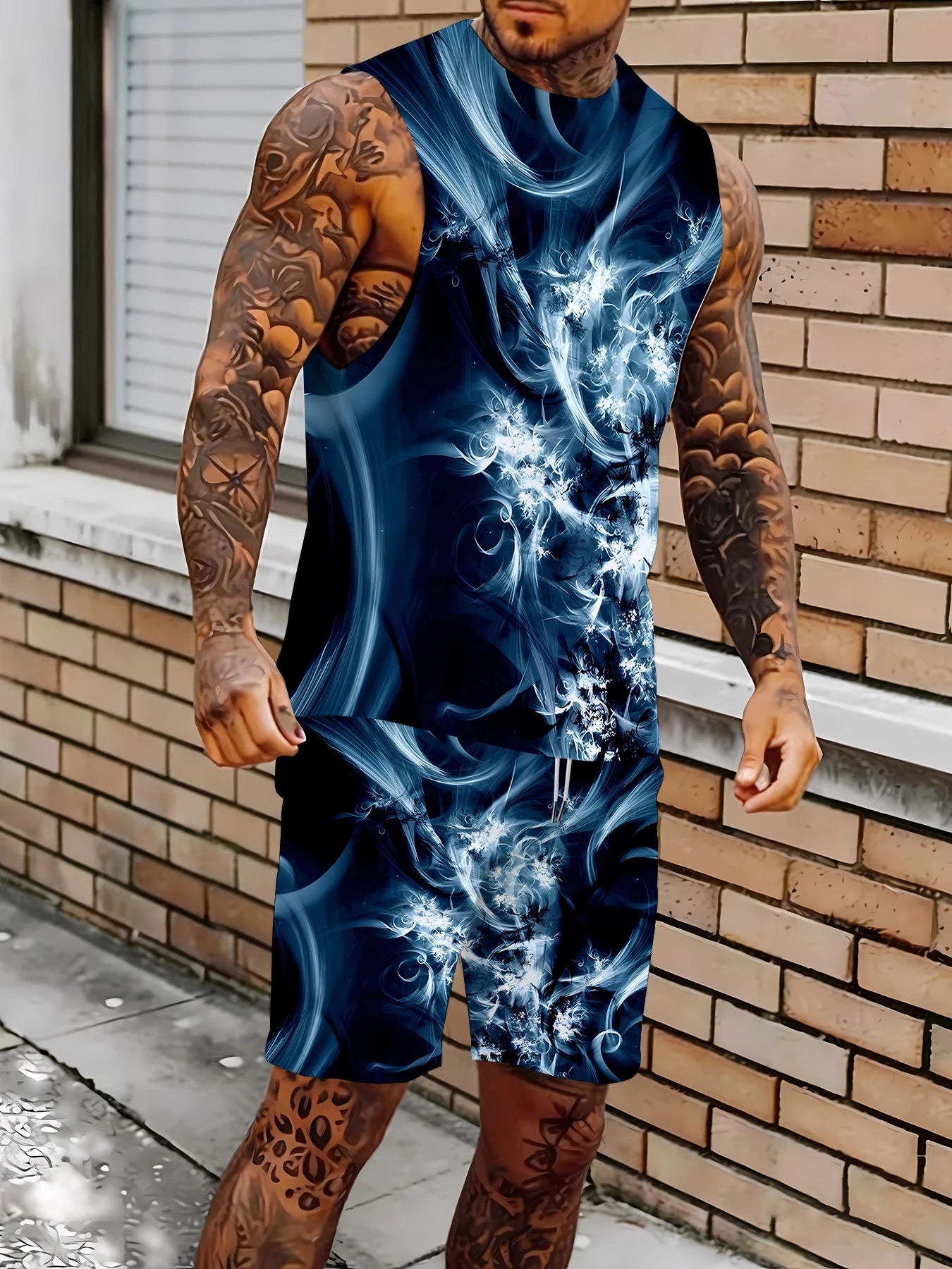 Men's Summer Sleepwear Set Sleeveless Top and Shorts Breathable Polyester Pajamas EU Size M-XXXL