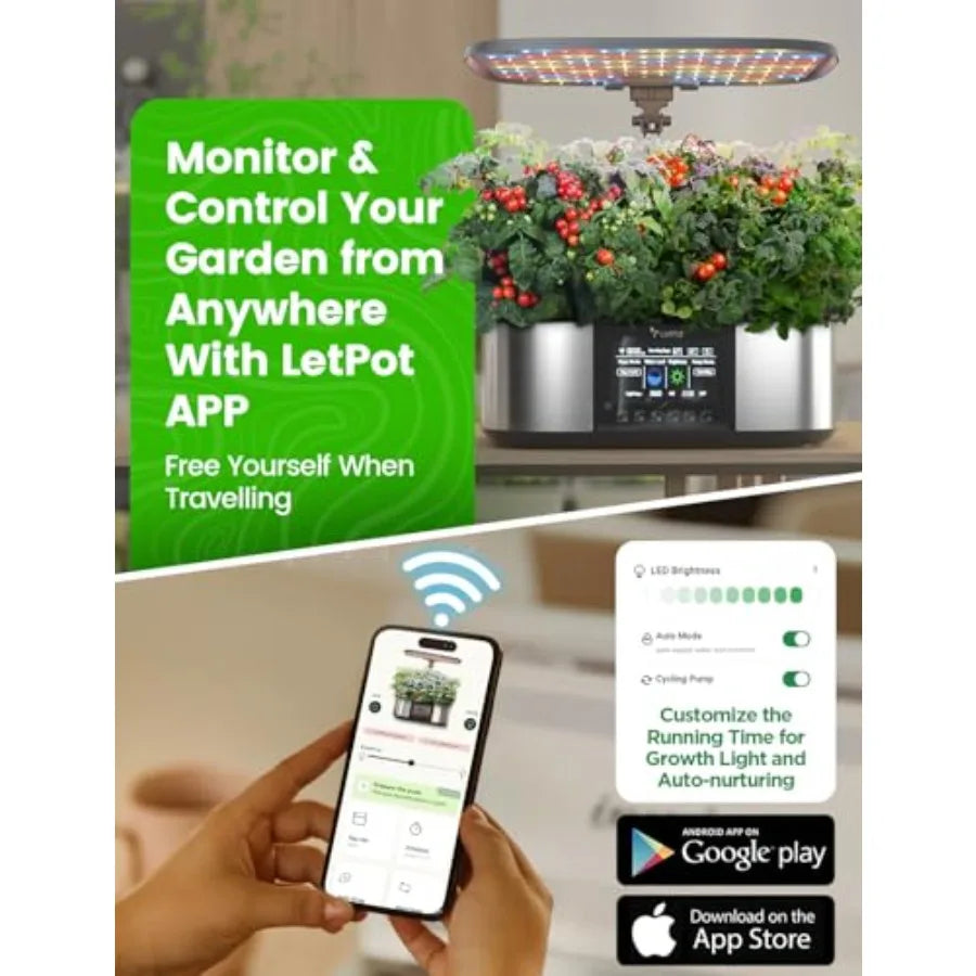 Indoor hydroponics growing system kit for home use, ABS plastic, black, 21-pod APP WiFi control with 36W LED grow light and aut