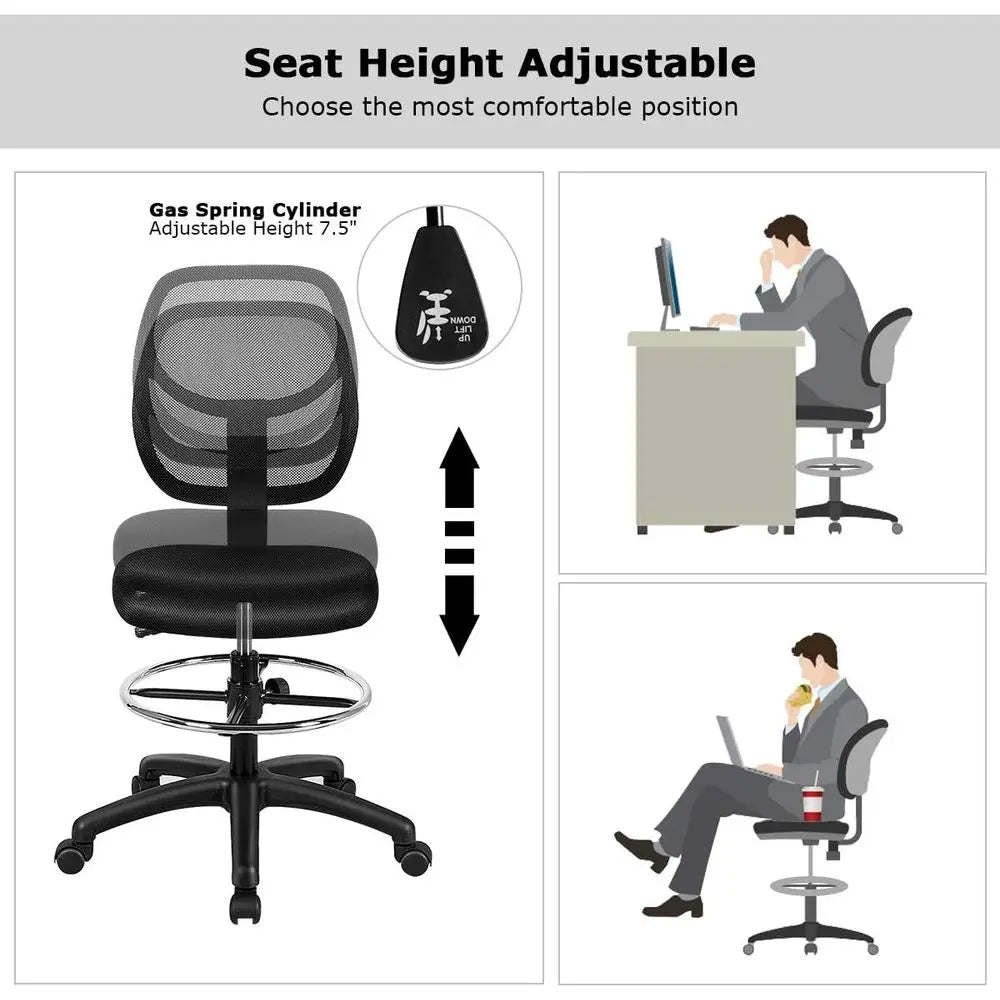 Ergonomic Black Mesh Swivel Office Chair with Adjustable Footrest for Computer, Home Bar, or Kitchen