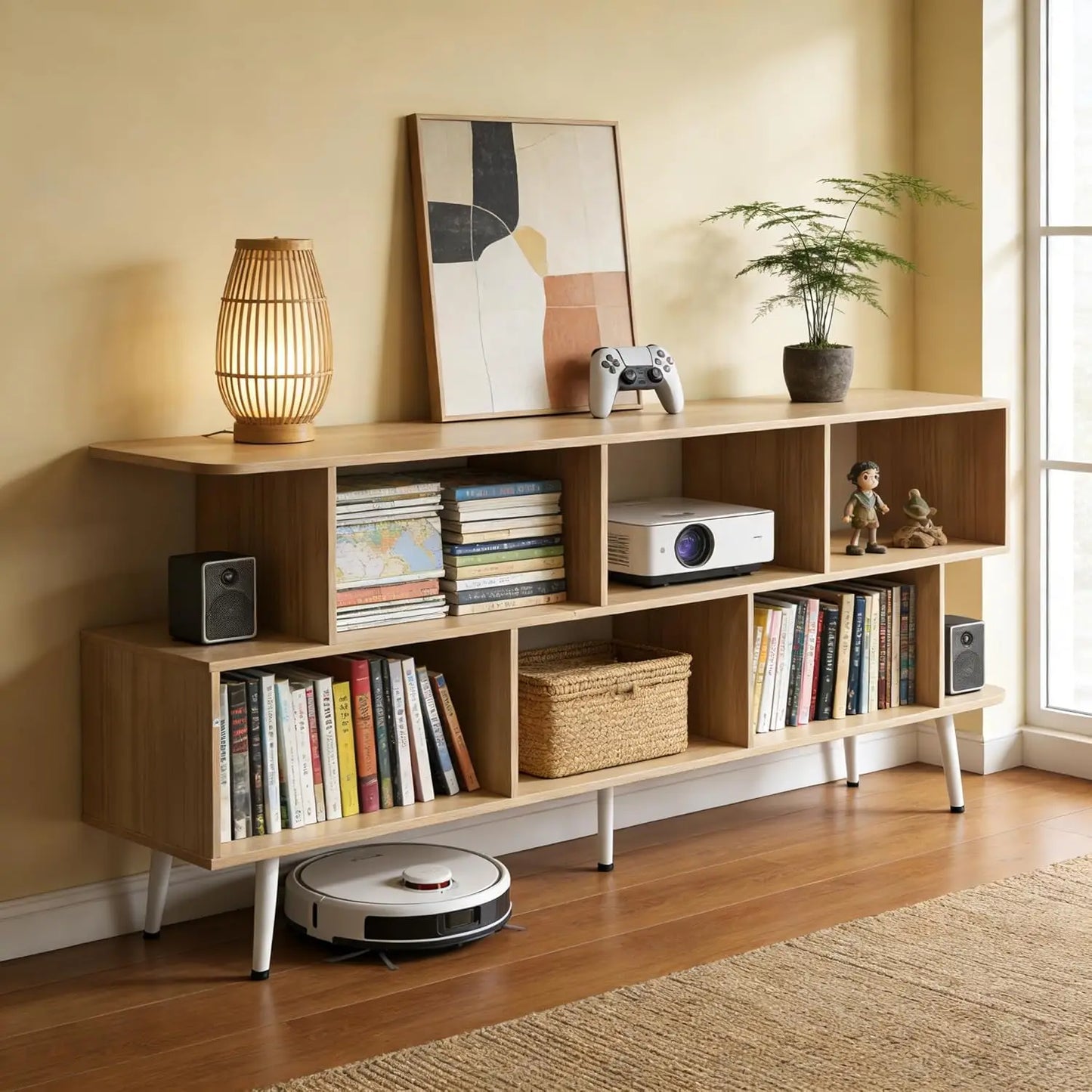 65 Inch TV Stand with 8 Open Shelves, Sturdy Media Console for Living Room, Easy Assembly, Walnut Finish