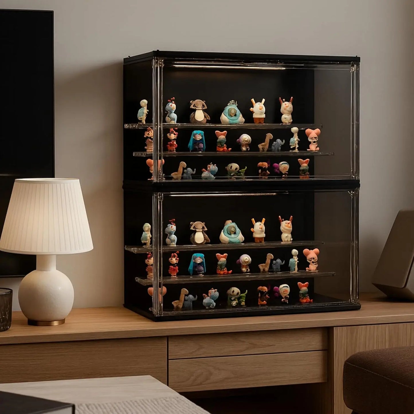 3-Tier Stackable LED Display Case for Collectibles, Acrylic Showcase with Magnetic Door, USB-C Lighted, Black 8.8"H