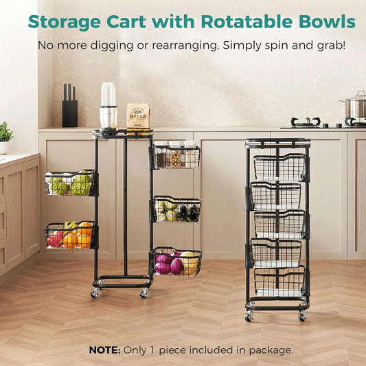 5 Tier Rotating Vegetable Storage Cart with Wheels, Black Kitchen Pantry Organizer