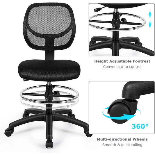 Ergonomic Black Mesh Swivel Office Chair with Adjustable Footrest for Computer, Home Bar, or Kitchen
