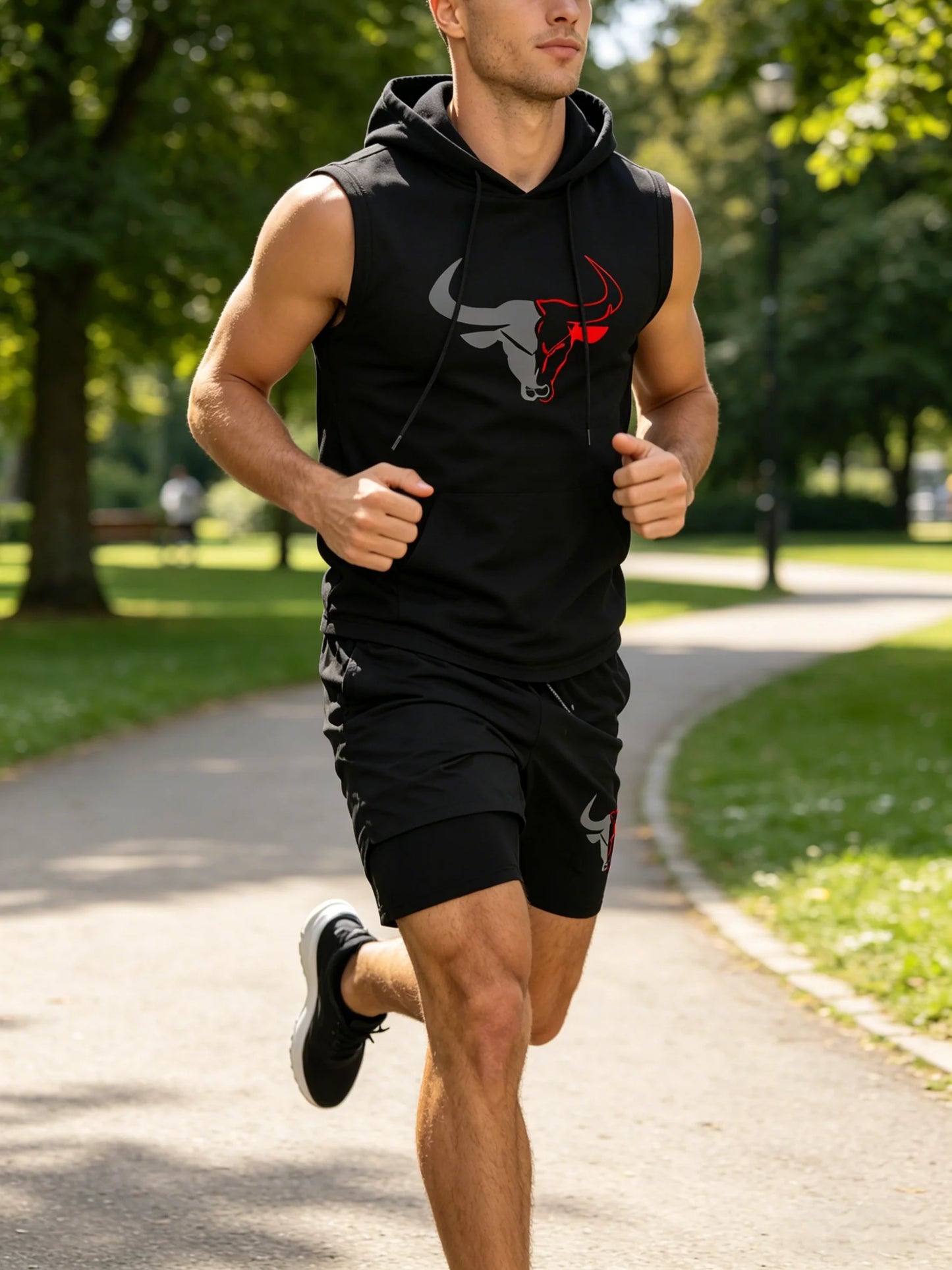 Men's 2 Piece Black Sleeveless Hooded Vest & Shorts Set, Bull Print Gym Tracksuit, Breathable Spring Summer Workout Fitness Wear