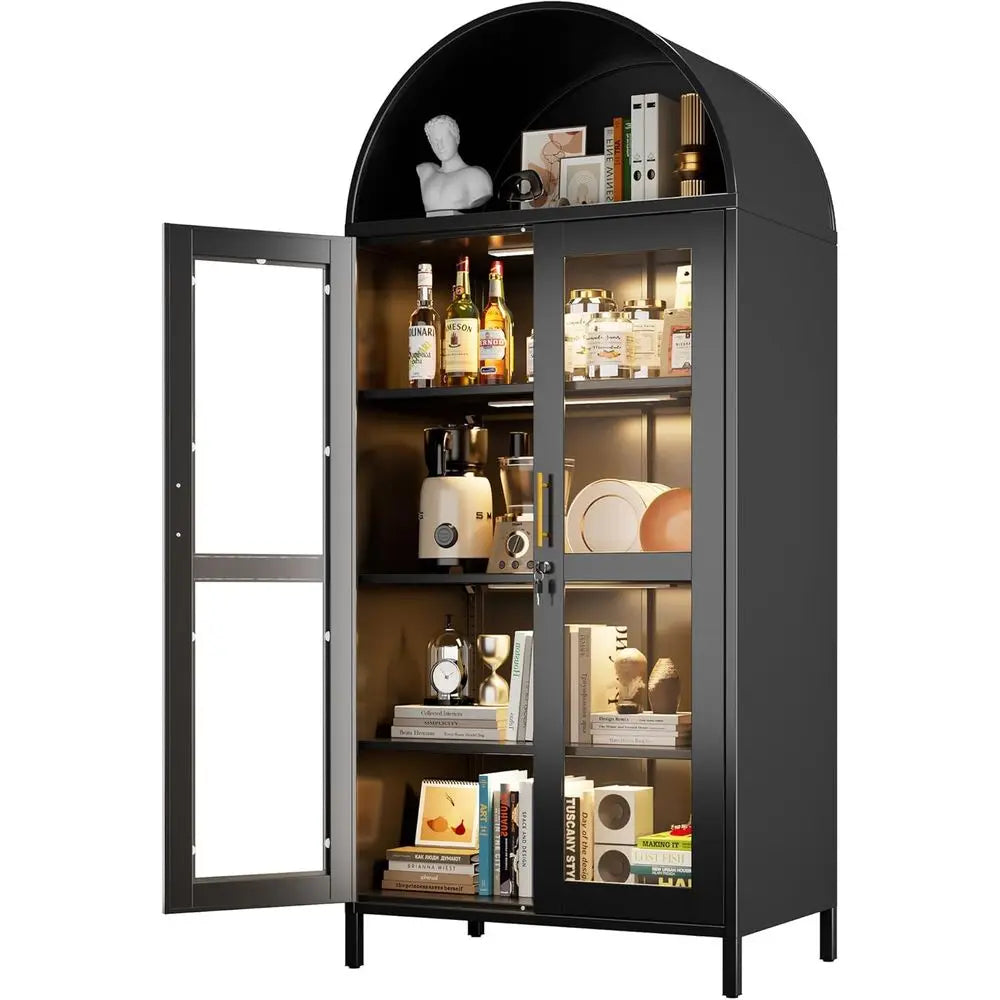 78.74 High Metal Arched Cabinet with Glass Door, LED-lit, Lockable, Adjustable Shelves, Black